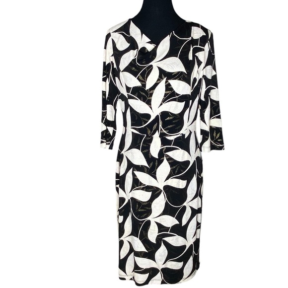 JOSEPH RIBKOFF Black White Floral Metallic Gold Dress Cowl Neck Cocktail Size 8 - Picture 2 of 9